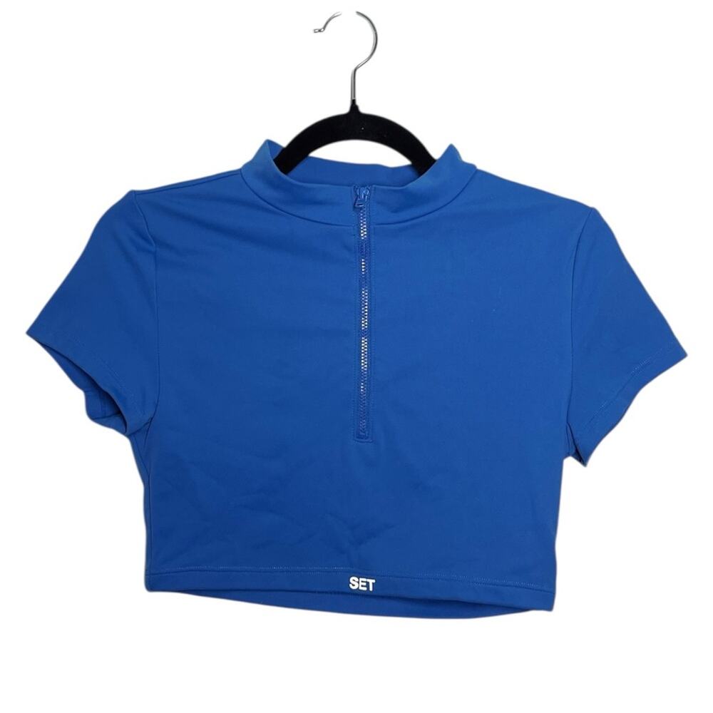 SET Active Royal Blue Short Sleeve Zip Crop Top